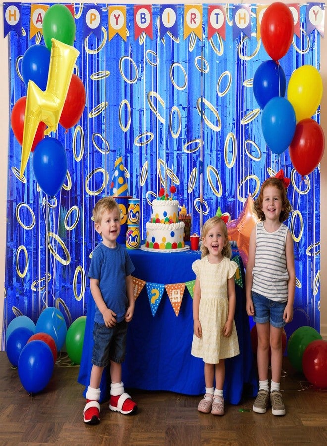 Simaya Cartoon Hedgehog Birthday Party Decoration, 1 Pack Hedgehog Party Backdrop Photo Booth Prop, Blue with Gold Ring Print Fringe Curtains Tinsel Photo Streamers for Hedgehog Theme Party Decor Supplies - Image 4