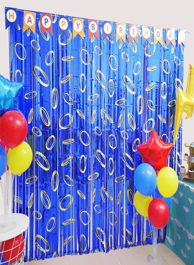 Simaya Cartoon Hedgehog Birthday Party Decoration, 1 Pack Hedgehog Party Backdrop Photo Booth Prop, Blue with Gold Ring Print Fringe Curtains Tinsel Photo Streamers for Hedgehog Theme Party Decor Supplies - Image 1