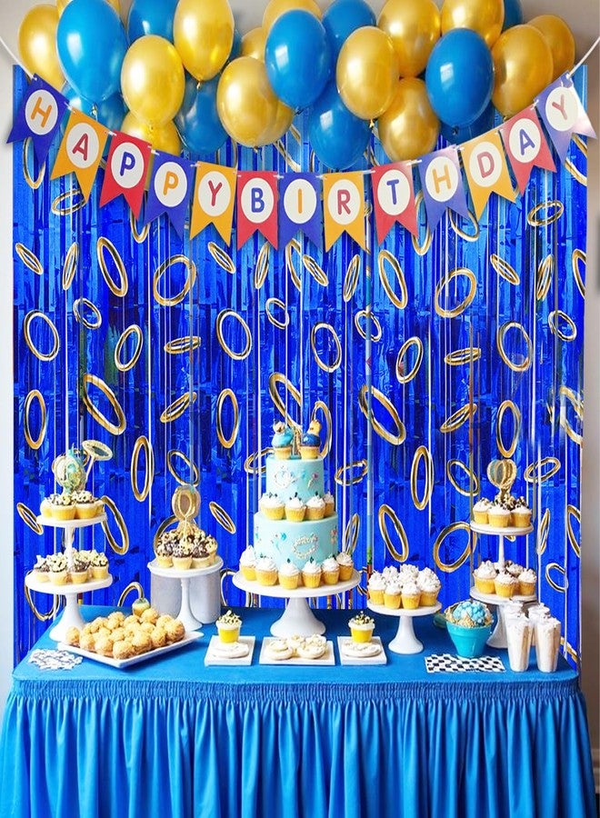 Simaya Cartoon Hedgehog Birthday Party Decoration, 1 Pack Hedgehog Party Backdrop Photo Booth Prop, Blue with Gold Ring Print Fringe Curtains Tinsel Photo Streamers for Hedgehog Theme Party Decor Supplies - Image 5
