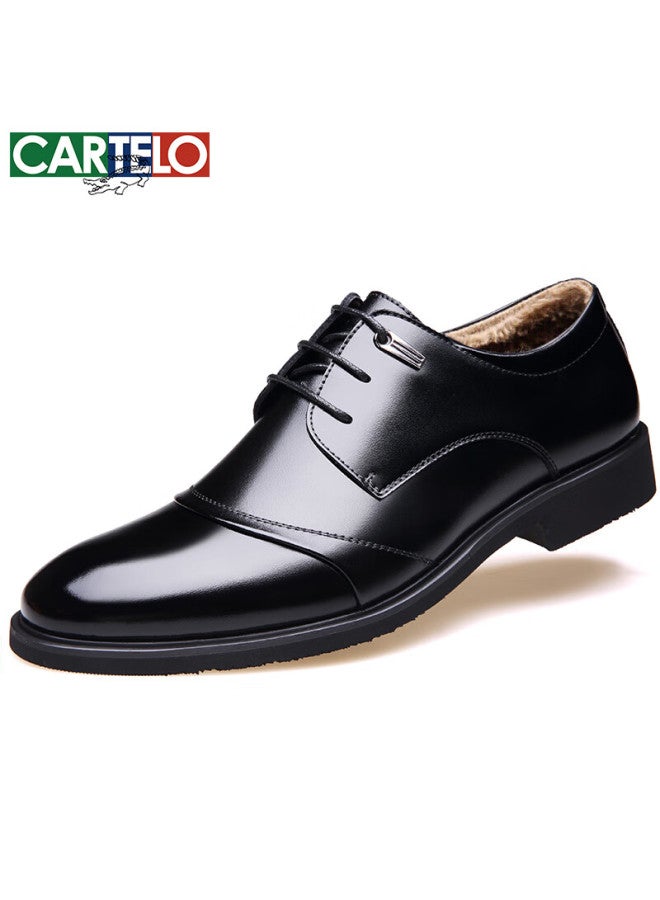 Cartelo Business Cowhide Formal Warm Fleece-lined Men's Leather Shoes, Winter Cotton Leather Shoes 1513, Black Padded Style, Size 43 - Image 1