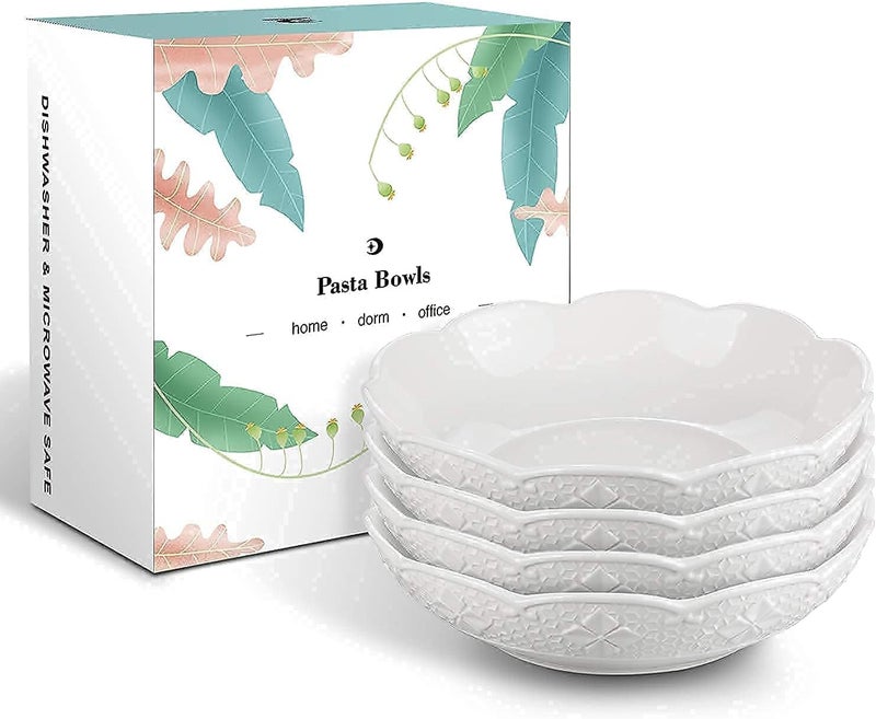 STARMOON STAR MOON 27 Oz Ceramic Large Pasta Bowls Elegant Vintage Porcelain Large Serving Bowls for Salad Microwave  Dishwasher Safe Lucky 4Leaf Clover Collcetion Set of 4 White - Image 4