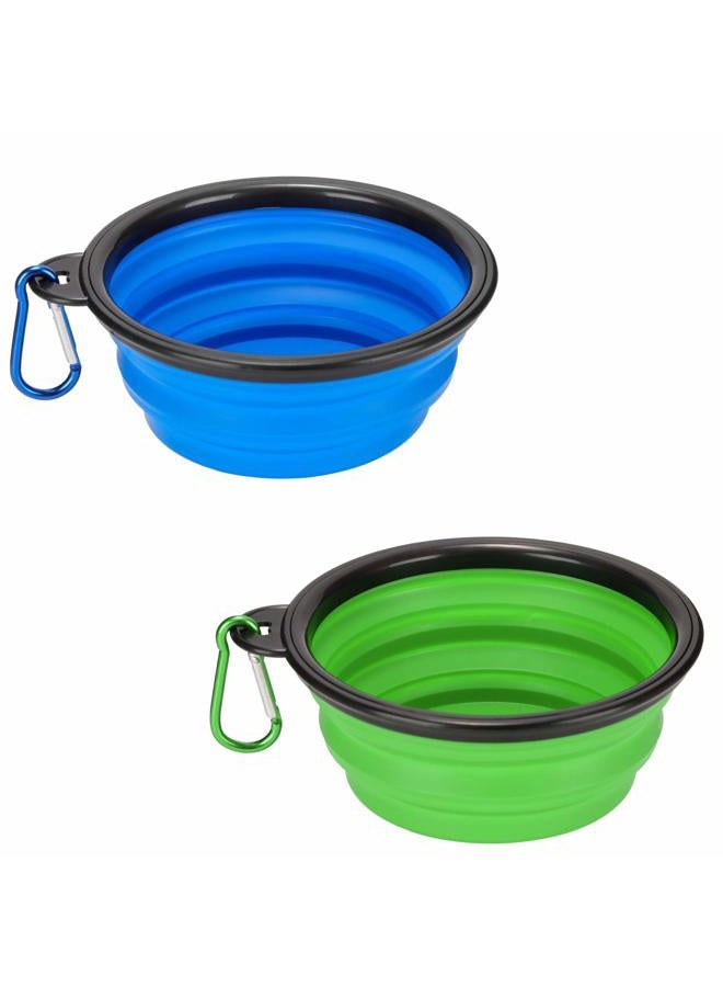 Emoly 2 Pack Large Size Collapsible Dog Bowl, Food Grade Silicone BPA Free, with Carabiner Clip Foldable Expandable Cup Dish for Pet Cat Food Water Feeding Portable Travel Bowl (Blue & Green) - Image 1