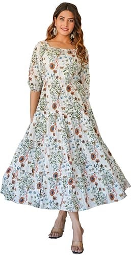 Yash Gallery Women's Floral Printed Tiered Style Dress (White) - Image 1
