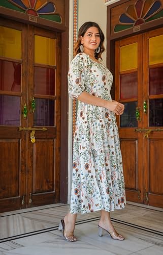 Yash Gallery Women's Floral Printed Tiered Style Dress (White) - Image 2