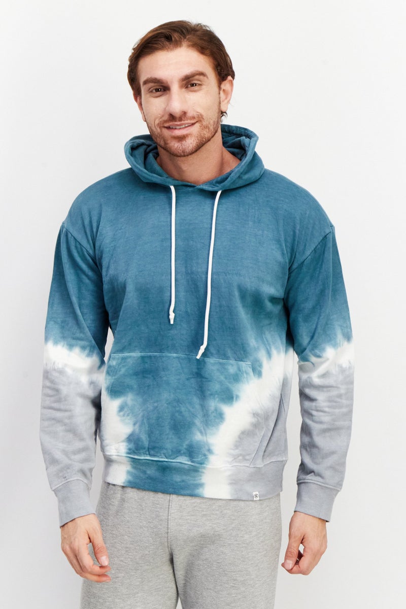 Sovereign Code Men Hooded Neck Tie Dye Print Long Sleeves Sweatshirt, Dark Sea/Charcoal - Image 1