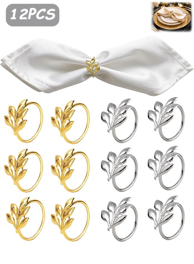 كوانتوم 12 خاتم مناديل، حلقات مناديل من الفولاذ المقاوم للصدأ على شكل أوراق الشجر، حلقات مناديل لعشاء حفل الزفاف (ذهبية وفضية) - Image 1