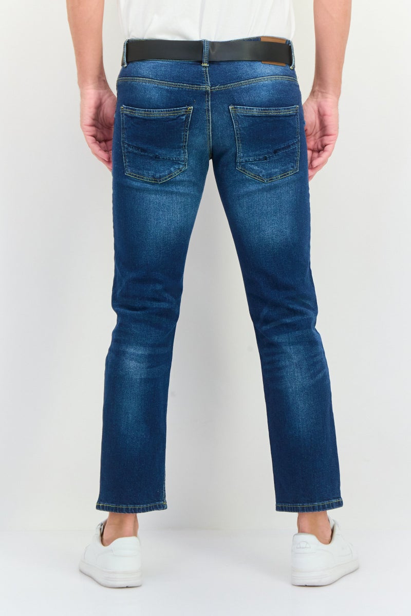 CROSSHATCH Men Straight Fit Washed Stretchable Belted Jeans, Blue - Image 4