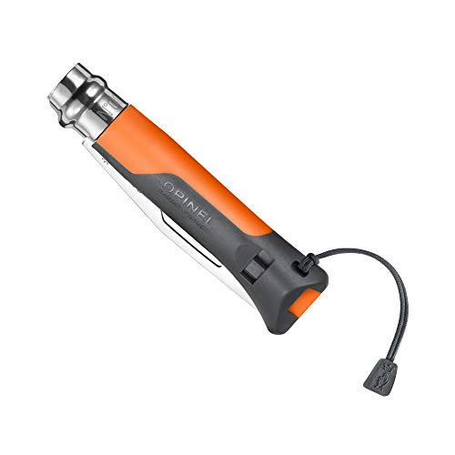 Opinel No. 08 Outdoor Folding Knife + Multitool - Partially Serrated Stainless Steel Blade, Nonslip Handle, Survival Whistle, Shackle Key (Orange) - Image 1
