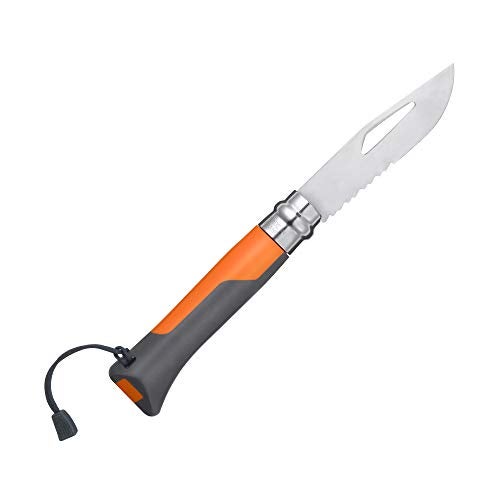 Opinel No. 08 Outdoor Folding Knife + Multitool - Partially Serrated Stainless Steel Blade, Nonslip Handle, Survival Whistle, Shackle Key (Orange) - Image 4