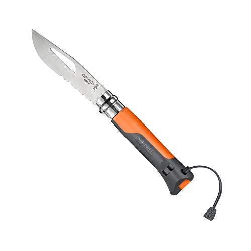 Opinel No. 08 Outdoor Folding Knife + Multitool - Partially Serrated Stainless Steel Blade, Nonslip Handle, Survival Whistle, Shackle Key (Orange) - Image 3