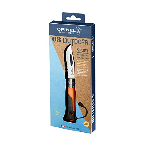 Opinel No. 08 Outdoor Folding Knife + Multitool - Partially Serrated Stainless Steel Blade, Nonslip Handle, Survival Whistle, Shackle Key (Orange) - Image 5