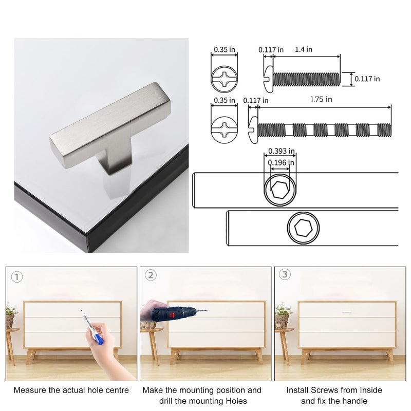 Redunest Bar Cabinet Pulls - 2 Pack Square Brushed Nickel Drawer Knobs, Stainless Steel Single Hole Cupboard Hardware - Image 3