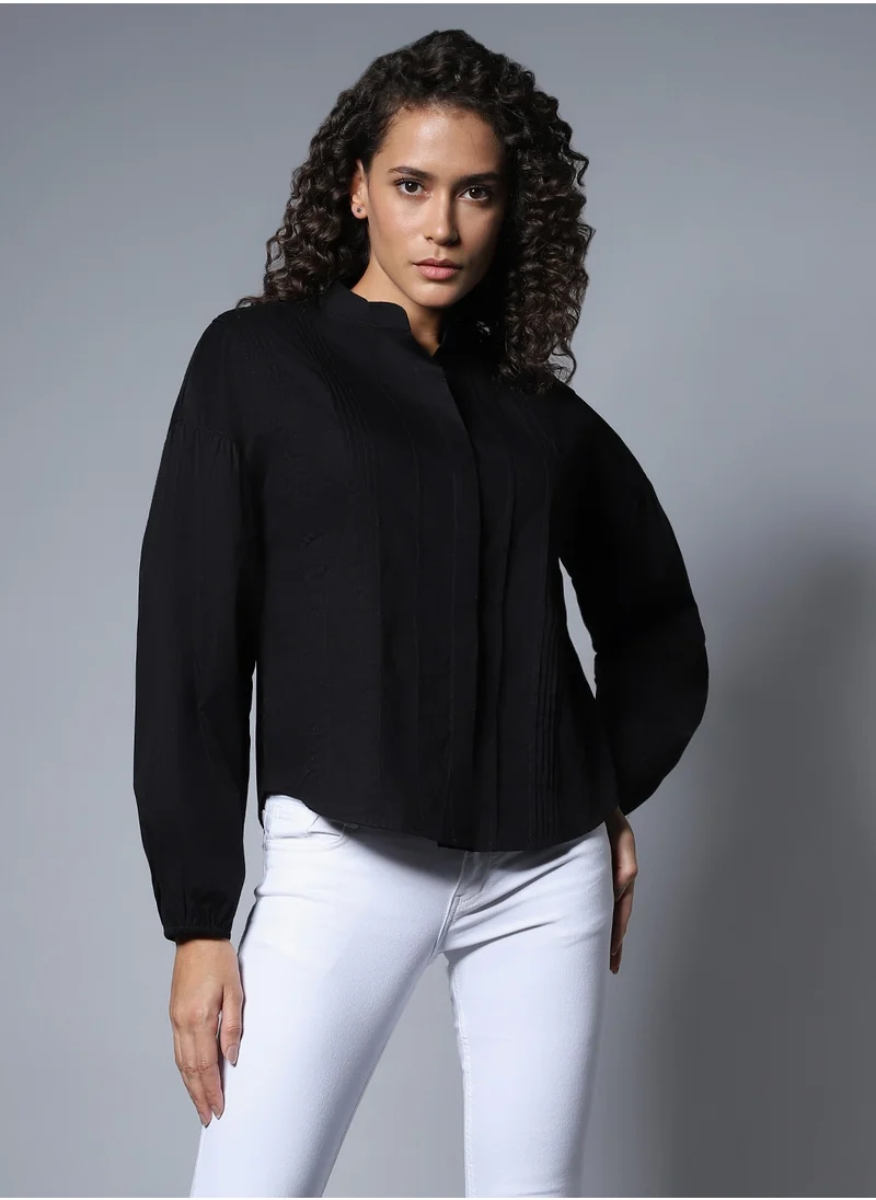 هاي ستار Women's Boxy Fit Casual Shirt in Meteorite with High-Rise Mandarin Collar