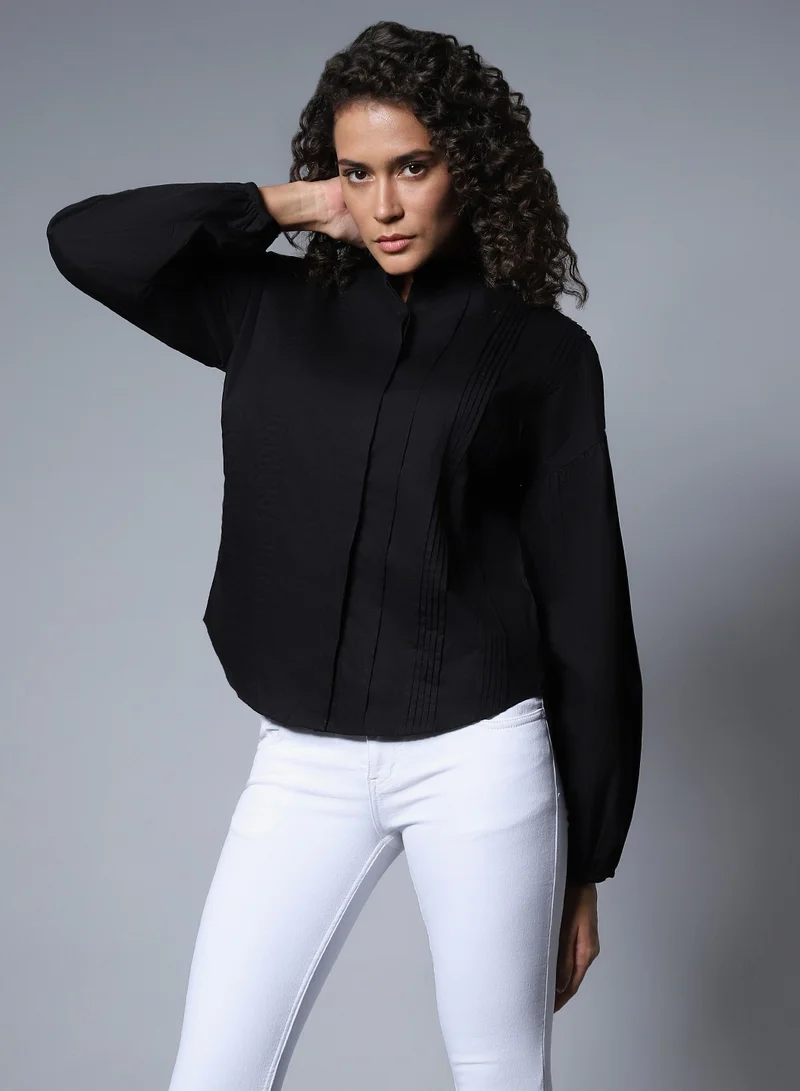 HIGH STAR Women's Boxy Fit Casual Shirt in Meteorite with High-Rise Mandarin Collar