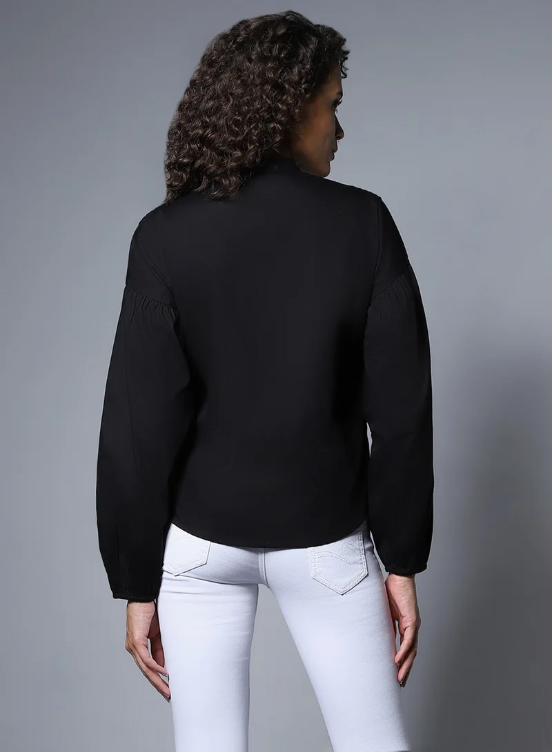 HIGH STAR Women's Boxy Fit Casual Shirt in Meteorite with High-Rise Mandarin Collar