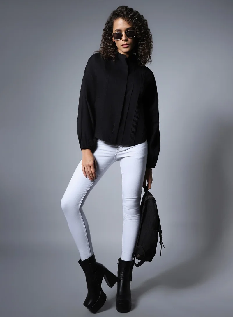 HIGH STAR Women's Boxy Fit Casual Shirt in Meteorite with High-Rise Mandarin Collar