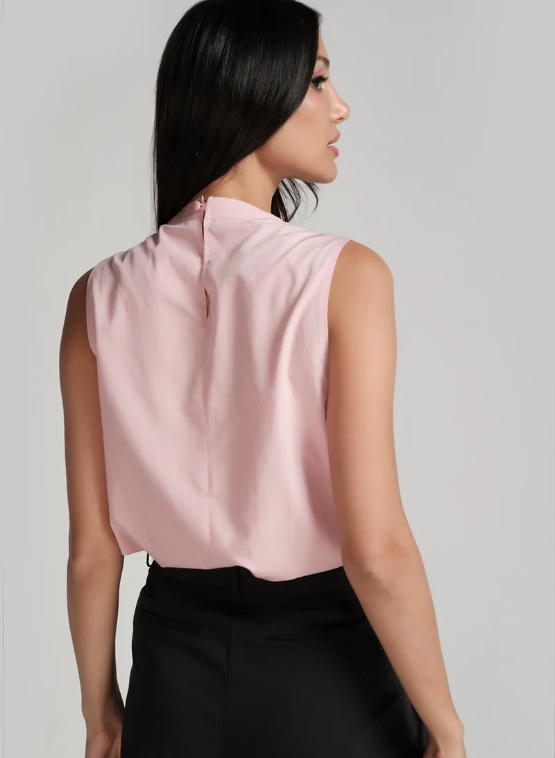 Zigzag Pink Cowl Neck Top With Shoulder Pleats