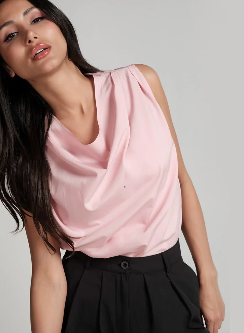 Zigzag Pink Cowl Neck Top With Shoulder Pleats