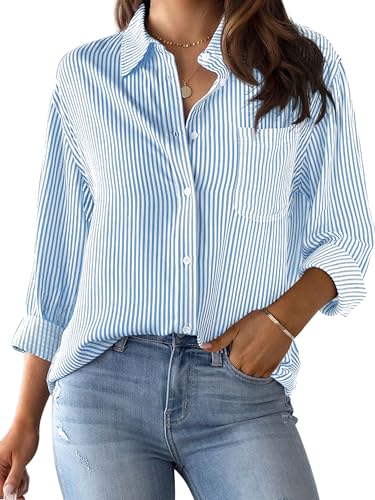 CUNLIN Light Blue Button Down Shirt Women Long Sleeve Blouses for Shirts Striped Womens Tops Blouse Cotton and Fashion Light Blue Size L - Image 1