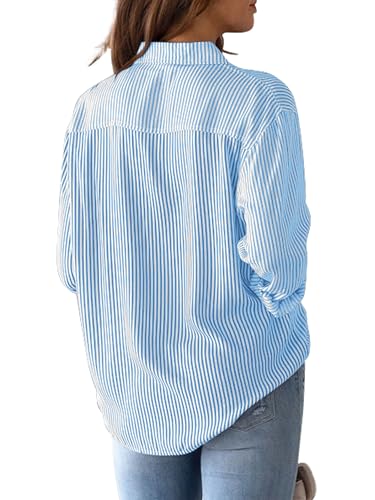 CUNLIN Light Blue Button Down Shirt Women Long Sleeve Blouses for Shirts Striped Womens Tops Blouse Cotton and Fashion Light Blue Size L - Image 2