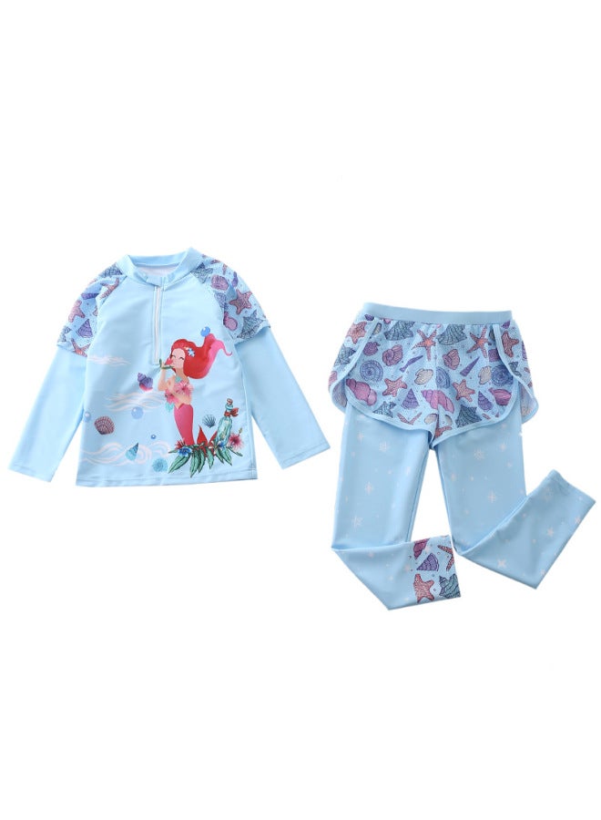 Loquat Children's Swimwear Women's Girls' Split Middle And Big Children's Swimwear Long Sleeve Trousers Flatmesh Shorts Diving Swimwear-Color:CM2385-4BY Shell Sea- - Image 1