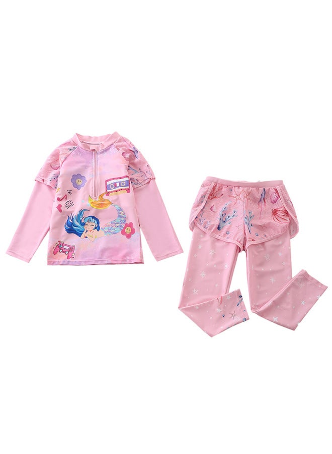 Loquat Children's Swimwear Women's Girls' Split Middle And Big Children's Swimwear Long Sleeve Trousers Flatmesh Shorts Diving Swimwear-Color:CM2385-4BY Shell Sea- - Image 5