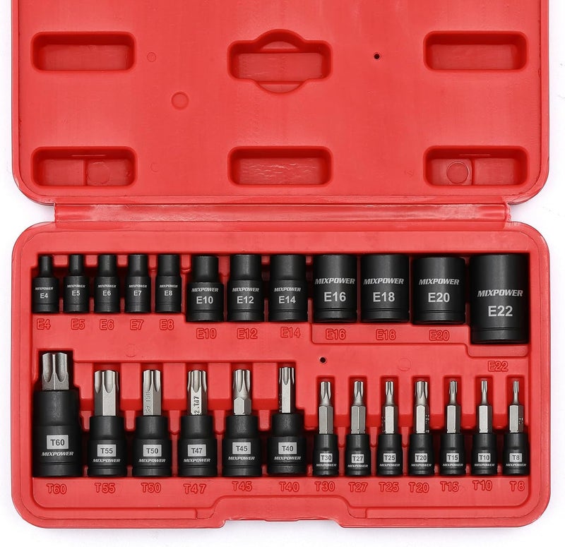 MIXPOWER 25 Piece Torx Bit and Socket Set, 13 Star Bits (T8- T60) & 12 E-Torx Sockets (E4-E22), Professional Grade Auto & Motorcycle Mechanic Set - Image 1