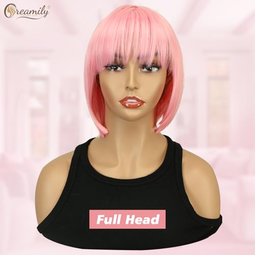 Creamily Pink Short Bob Hair Wig for Women Full Head 9 Inch Korean Style Blunt Cut Synthetic Natural Looking Soft Texture Heat Resistant Party Cosplay Wig - Image 3