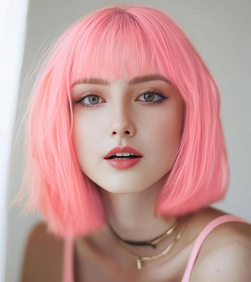 Creamily Pink Short Bob Hair Wig for Women Full Head 9 Inch Korean Style Blunt Cut Synthetic Natural Looking Soft Texture Heat Resistant Party Cosplay Wig - Image 1