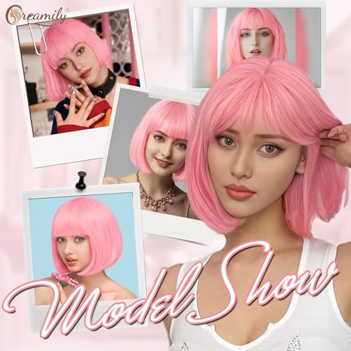 Creamily Pink Short Bob Hair Wig for Women Full Head 9 Inch Korean Style Blunt Cut Synthetic Natural Looking Soft Texture Heat Resistant Party Cosplay Wig - Image 2