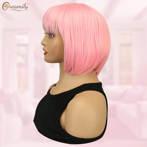 Creamily Pink Short Bob Hair Wig for Women Full Head 9 Inch Korean Style Blunt Cut Synthetic Natural Looking Soft Texture Heat Resistant Party Cosplay Wig - Image 5