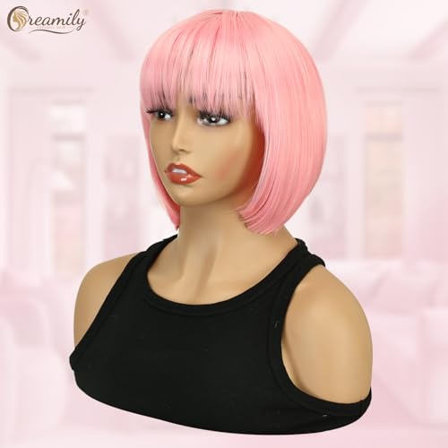 Creamily Pink Short Bob Hair Wig for Women Full Head 9 Inch Korean Style Blunt Cut Synthetic Natural Looking Soft Texture Heat Resistant Party Cosplay Wig - Image 4