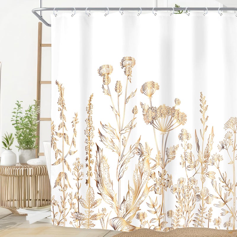 Riyidecor White Gold Floral Wildflower Shower Curtain for Bathroom Decor 72Wx84H Extra Long Rustic Botanical Herbs Plant Leaves Nature Farm Art Printed Fabric Polyester Waterproof 12 Pack Plastic Hook - Image 1