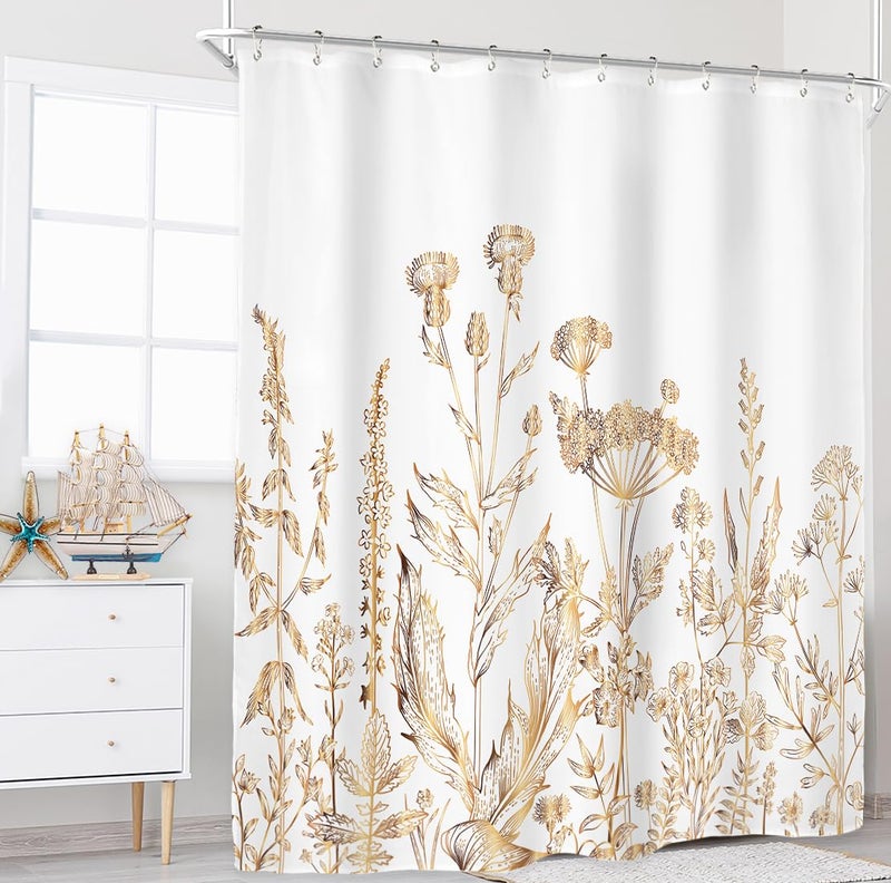Riyidecor White Gold Floral Wildflower Shower Curtain for Bathroom Decor 72Wx84H Extra Long Rustic Botanical Herbs Plant Leaves Nature Farm Art Printed Fabric Polyester Waterproof 12 Pack Plastic Hook - Image 4