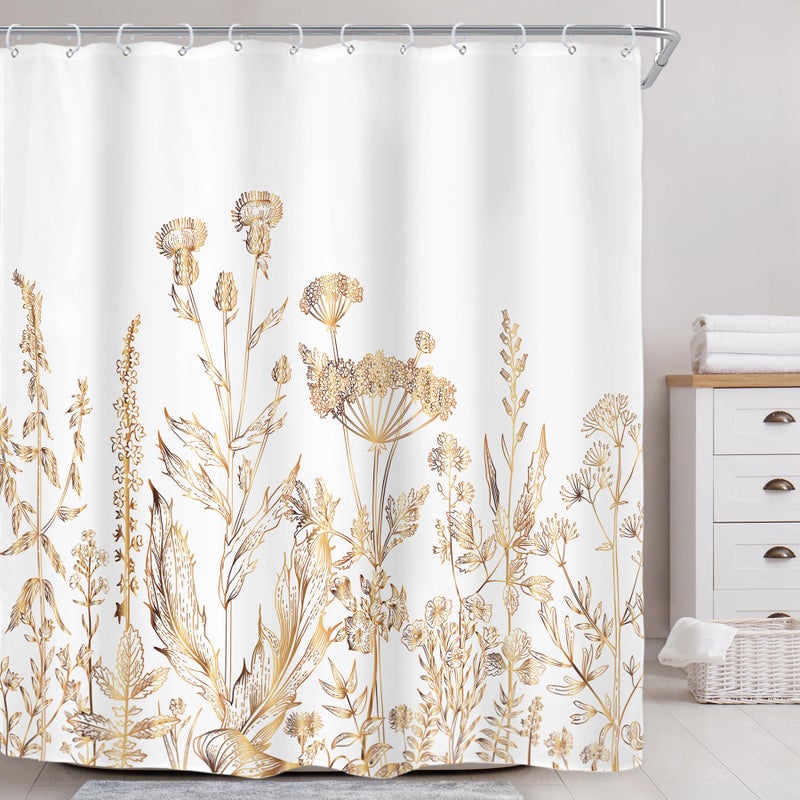 Riyidecor White Gold Floral Wildflower Shower Curtain for Bathroom Decor 72Wx84H Extra Long Rustic Botanical Herbs Plant Leaves Nature Farm Art Printed Fabric Polyester Waterproof 12 Pack Plastic Hook - Image 3