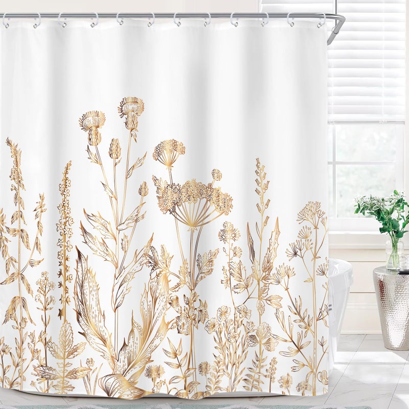 Riyidecor White Gold Floral Wildflower Shower Curtain for Bathroom Decor 72Wx84H Extra Long Rustic Botanical Herbs Plant Leaves Nature Farm Art Printed Fabric Polyester Waterproof 12 Pack Plastic Hook - Image 2