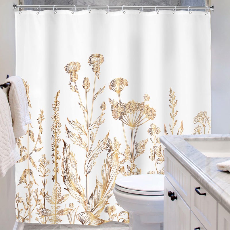 Riyidecor White Gold Floral Wildflower Shower Curtain for Bathroom Decor 72Wx84H Extra Long Rustic Botanical Herbs Plant Leaves Nature Farm Art Printed Fabric Polyester Waterproof 12 Pack Plastic Hook - Image 5