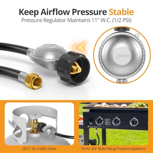 Jakivew 5FT Propane Regulator Hose Low Pressure Gas Line for Blackstone 2836 Griddles Weber Nexgrill Grills Patio Heaters Propane Fire Pits QCC1 to 38 Female Flare Fitting - Image 3