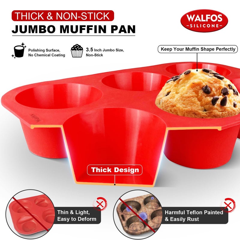 Walfos Silicone Texas Muffin Pan Set- 6 Cup Jumbo Silicone Cupcake Pan, Non-Stick Silicone, Just PoP Out! Perfect for Egg Muffin, Big Cupcake - BPA Free and Dishwasher Safe, Set of 2 - Image 2
