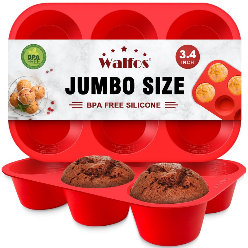 Walfos Silicone Texas Muffin Pan Set- 6 Cup Jumbo Silicone Cupcake Pan, Non-Stick Silicone, Just PoP Out! Perfect for Egg Muffin, Big Cupcake - BPA Free and Dishwasher Safe, Set of 2 - Image 1
