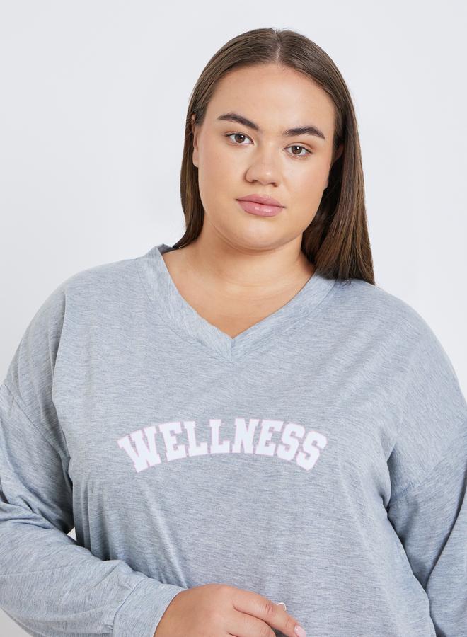 Styli Plus Wellness Slogan Drop Shoulder T-Shirt and Pyjama Set - Image 3