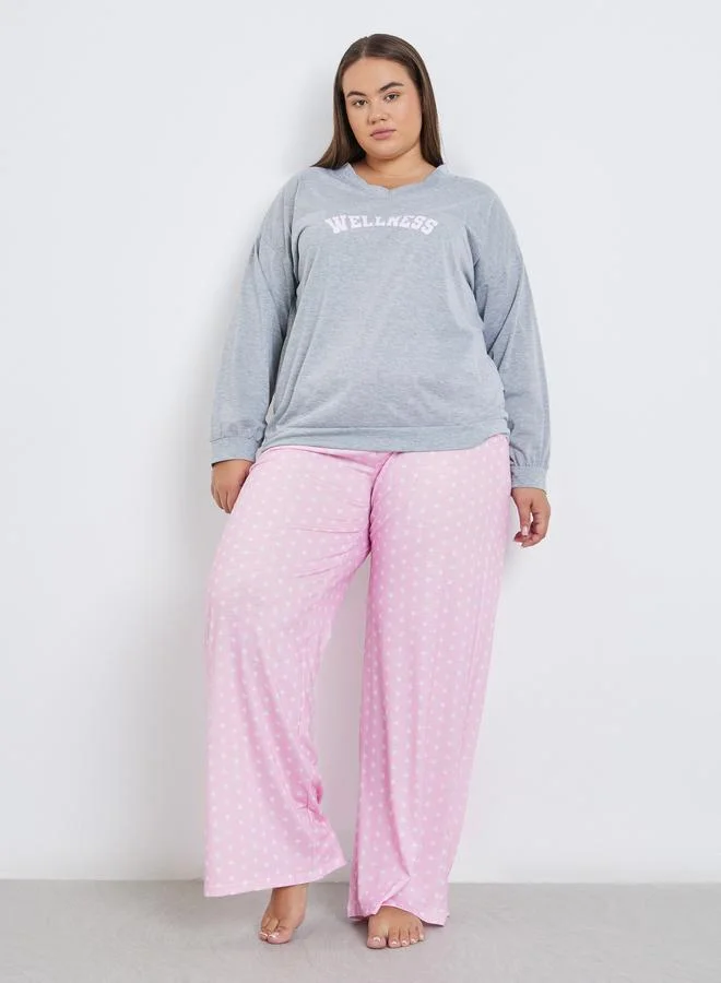 Styli Styli Plus Wellness Slogan Drop Shoulder T-Shirt and Pyjama Set
