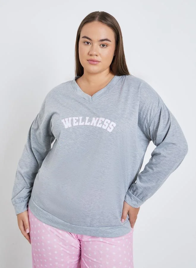 Styli Styli Plus Wellness Slogan Drop Shoulder T-Shirt and Pyjama Set