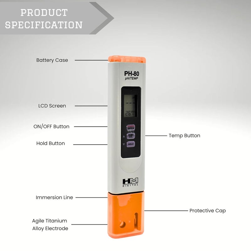 إتش إم ديجيتال جهاز قياس الرقم الهيدروجيني ودرجة الحرارة الرقمي HM Digital HMPH80 HMDPHM80، نطاق pH من 0 إلى 14، دقة 1 pH، دقة قراءة 2%، لون أرجواني - Image 4