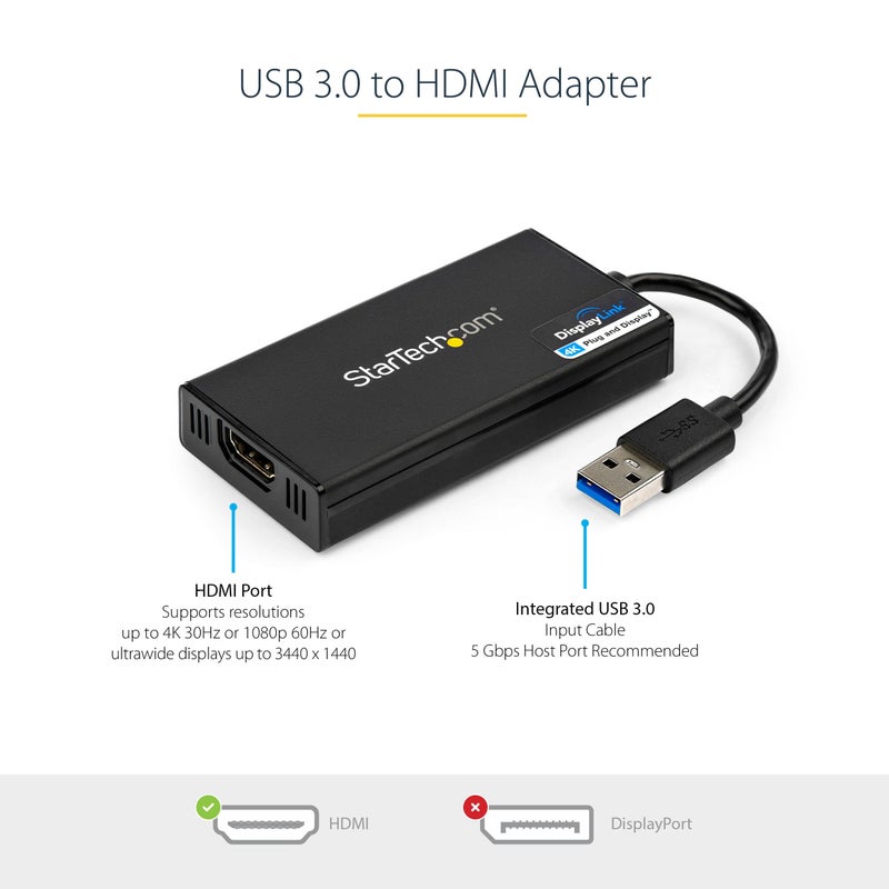 Startech.com StarTech.com USB 3.0 to HDMI Adapter, 4K 30Hz UHD, USB to HDMI Display Adapter, External Adapter for Mac & Windows, TAA  - Image 2