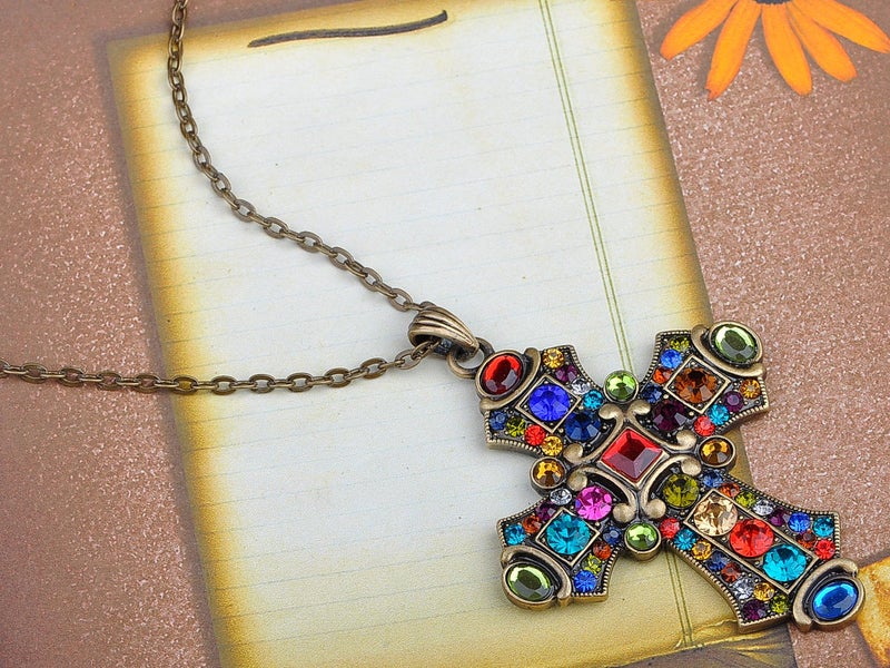 Alilang Ornate Antique Golden Tone Colorful Rhinestone Cross Pendant Necklace, Multicolored - Image 4