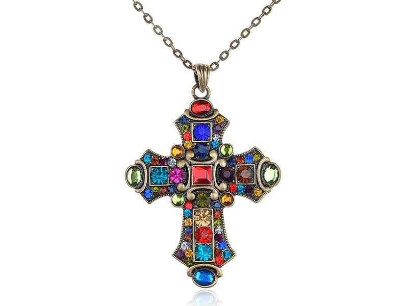 Alilang Ornate Antique Golden Tone Colorful Rhinestone Cross Pendant Necklace, Multicolored - Image 1