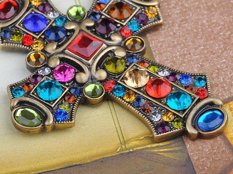Alilang Ornate Antique Golden Tone Colorful Rhinestone Cross Pendant Necklace, Multicolored - Image 2