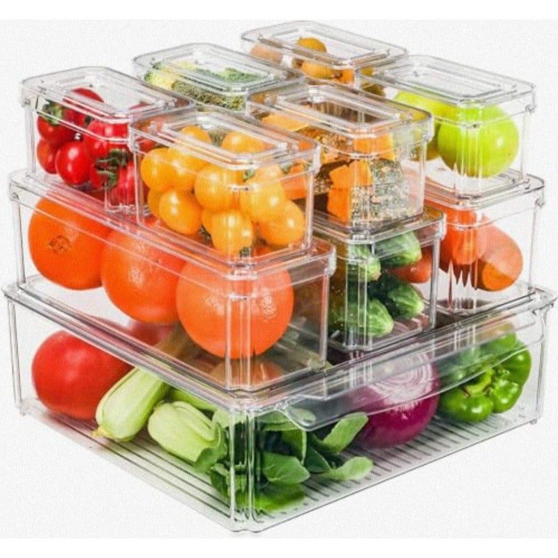 Fridge Organizer Stackable Refrigerator Organizer Bins with Lids 3 Size Kitchen Organization and Storage Clear Plastic Storage Bins Pantry Storage Bins for Food Drinks Vegetable Cereals 10 Pack - Image 1
