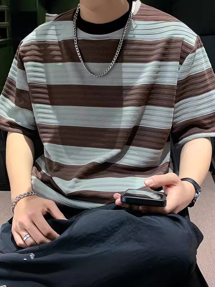 Japanese Style Retro Black And White Striped Short-Sleeved Men'S Summer Fashionable Brand Loose Pure Cotton Heavy-Weight T-Shirt Style For Boys - Image 5